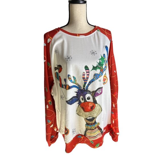 Christmas Reindeer Pullover Cute Long Sleeve Front Back Graphic Lights Size 3XL - Picture 1 of 6
